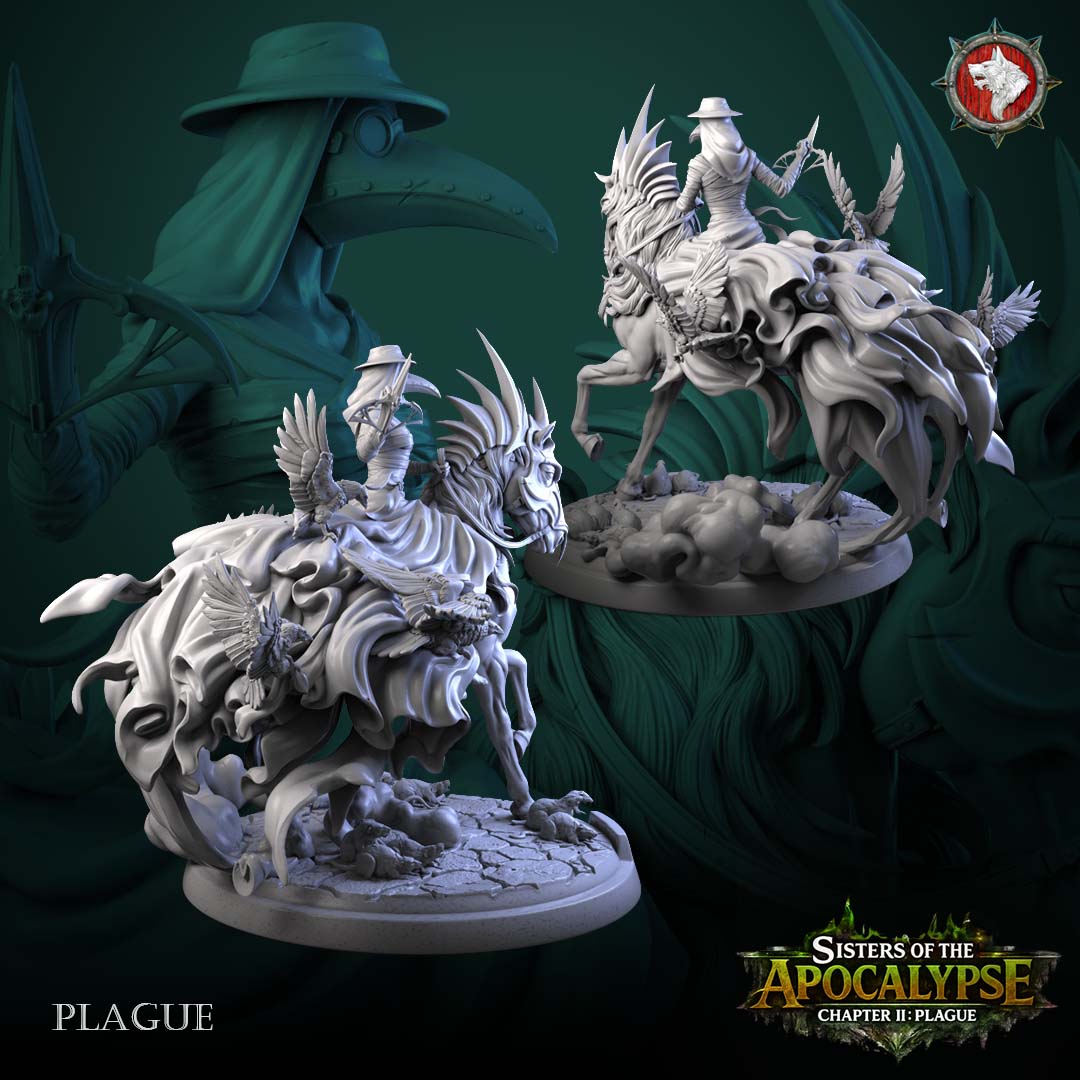 Plague rear angles showing the cloak folds, smoke wisps and rats trailing the horse