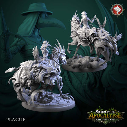 Plague rear angles showing the cloak folds, smoke wisps and rats trailing the horse