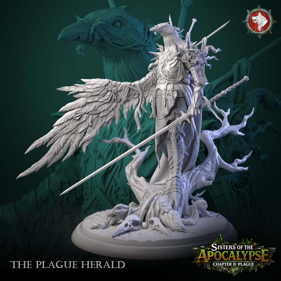 The Plague Herald miniature front view - raven-skull knight with one great feathered wing and lowered longsword on a dead-tree round with bird skulls