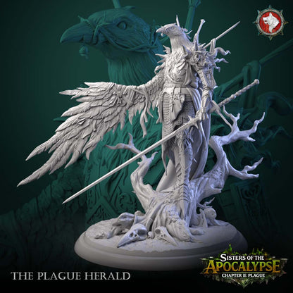 The Plague Herald miniature front view - raven-skull knight with one great feathered wing and lowered longsword on a dead-tree round with bird skulls
