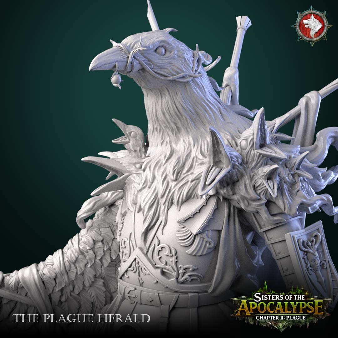 The Plague Herald close-up of the raven head with vine bridle, shoulder ravens and heraldic shield