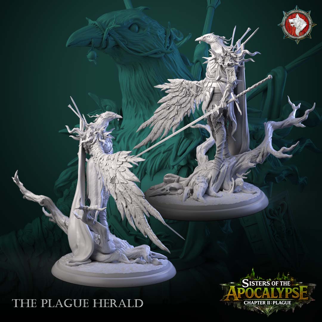 The Plague Herald rear and front angles showing the feathered wing, tattered cloak and sword arm