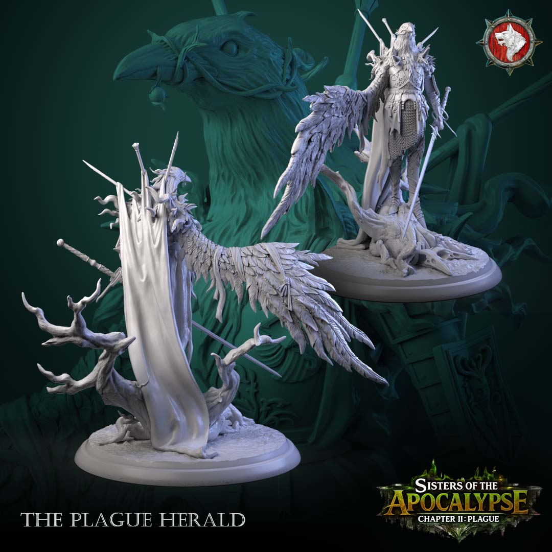 The Plague Herald back view of the long cloak pierced by swords beside a front view over the dead branches