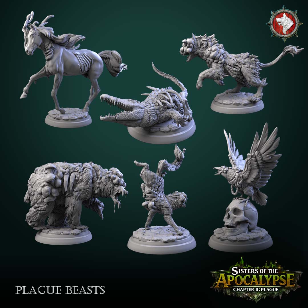 Plague Beasts full set of six diseased creature miniatures - horse, crocodile, puma, bear, hyena and crow on rocky rounds