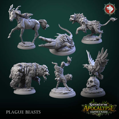 Plague Beasts full set of six diseased creature miniatures - horse, crocodile, puma, bear, hyena and crow on rocky rounds