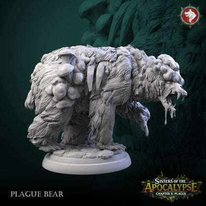 Plague Bear - shaggy rotting bear with mushroom growths and boil clusters along its flank, jaw dripping