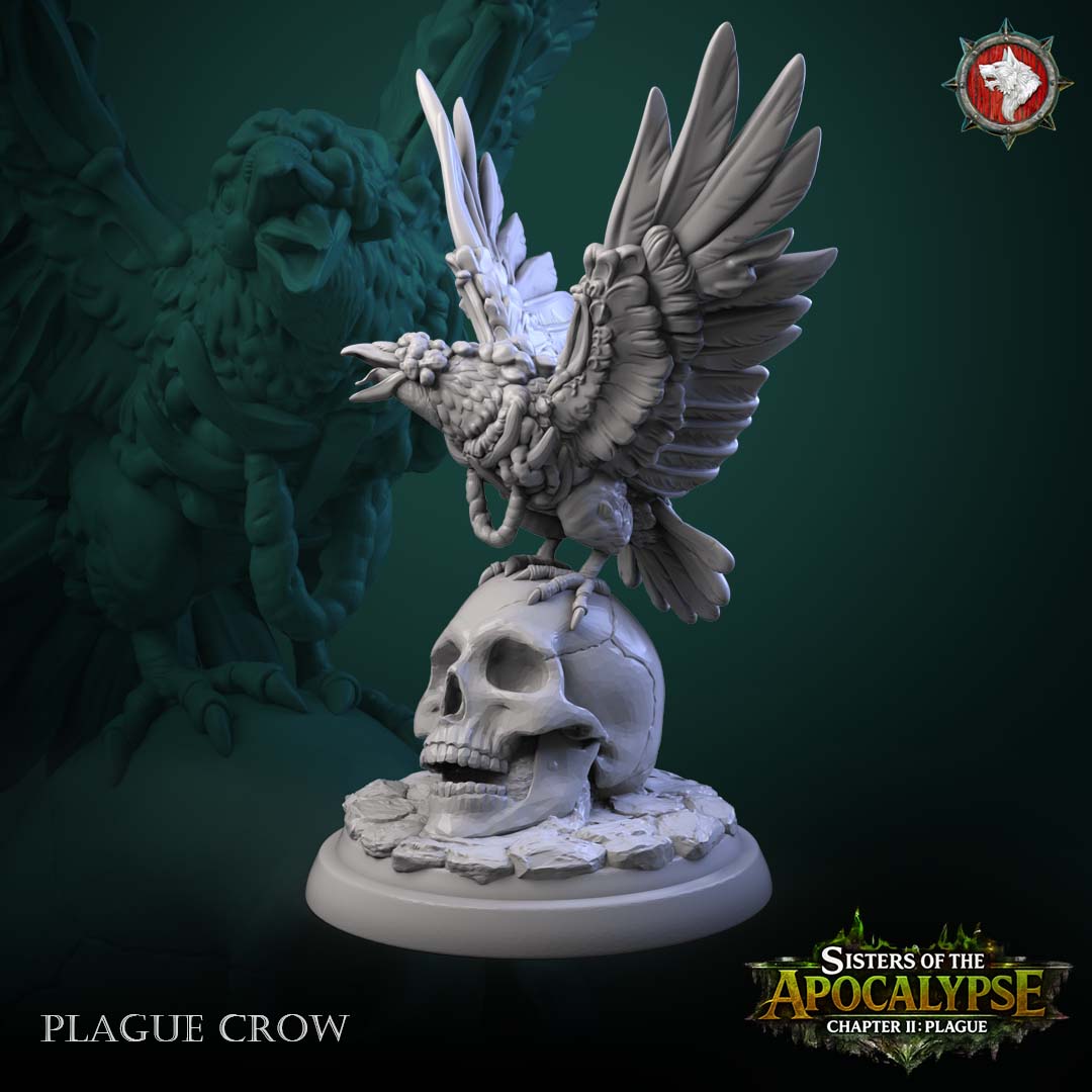 Plague Crow - boil-necked crow with spread wings perched on a giant cracked human skull