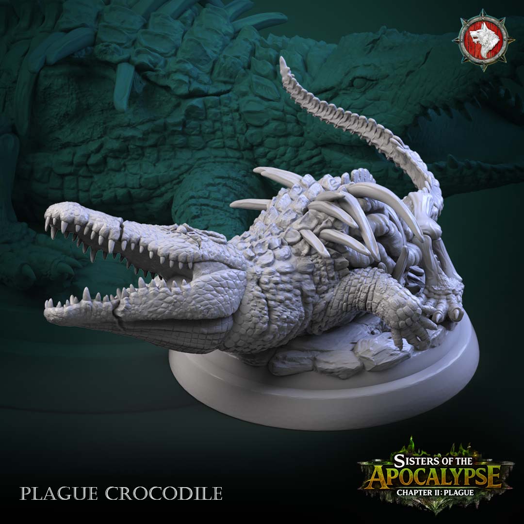 Plague Crocodile - open-jawed crocodile with exposed spine ridge and bone spurs along the back