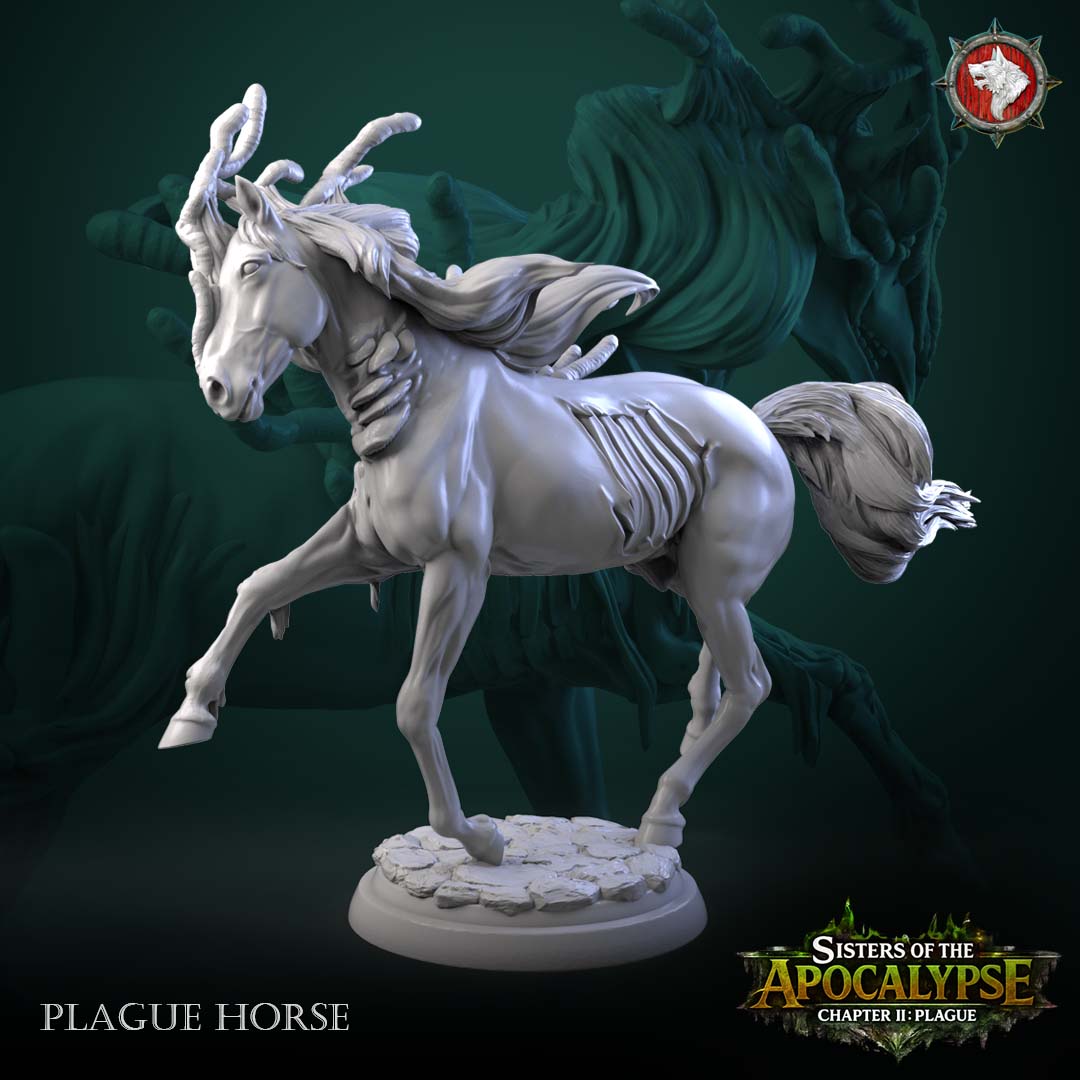 Plague Horse - trotting horse with antler-like growths on the head, exposed ribs and torn hide