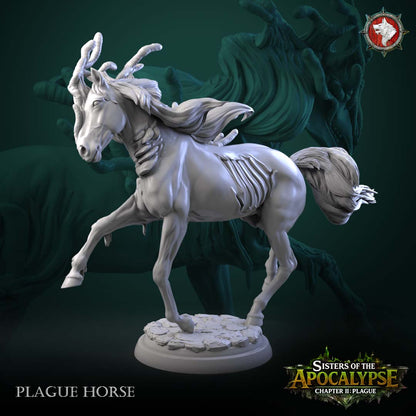 Plague Horse - trotting horse with antler-like growths on the head, exposed ribs and torn hide