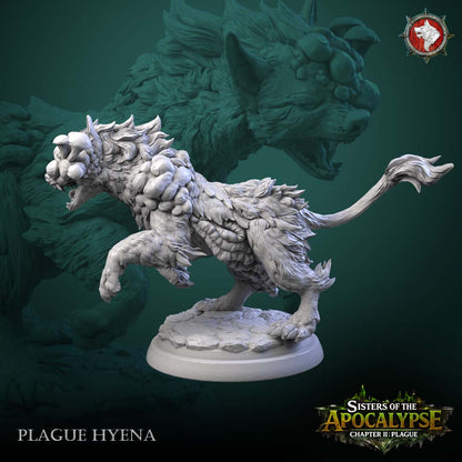 Plague Hyena - leaping hyena with a boil-covered muzzle, feathered mane and lashing tail