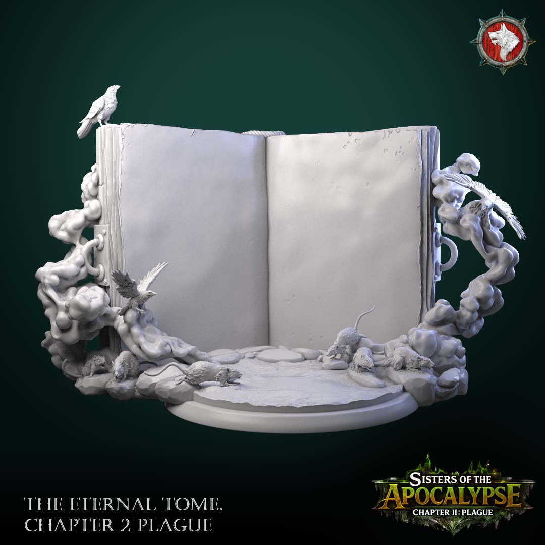 The Eternal Tome: Plague terrain - open book with raised pages, hinged clasps, curling smoke, perched ravens and rats along the stone footing