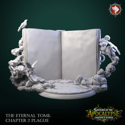 The Eternal Tome: Plague terrain - open book with raised pages, hinged clasps, curling smoke, perched ravens and rats along the stone footing