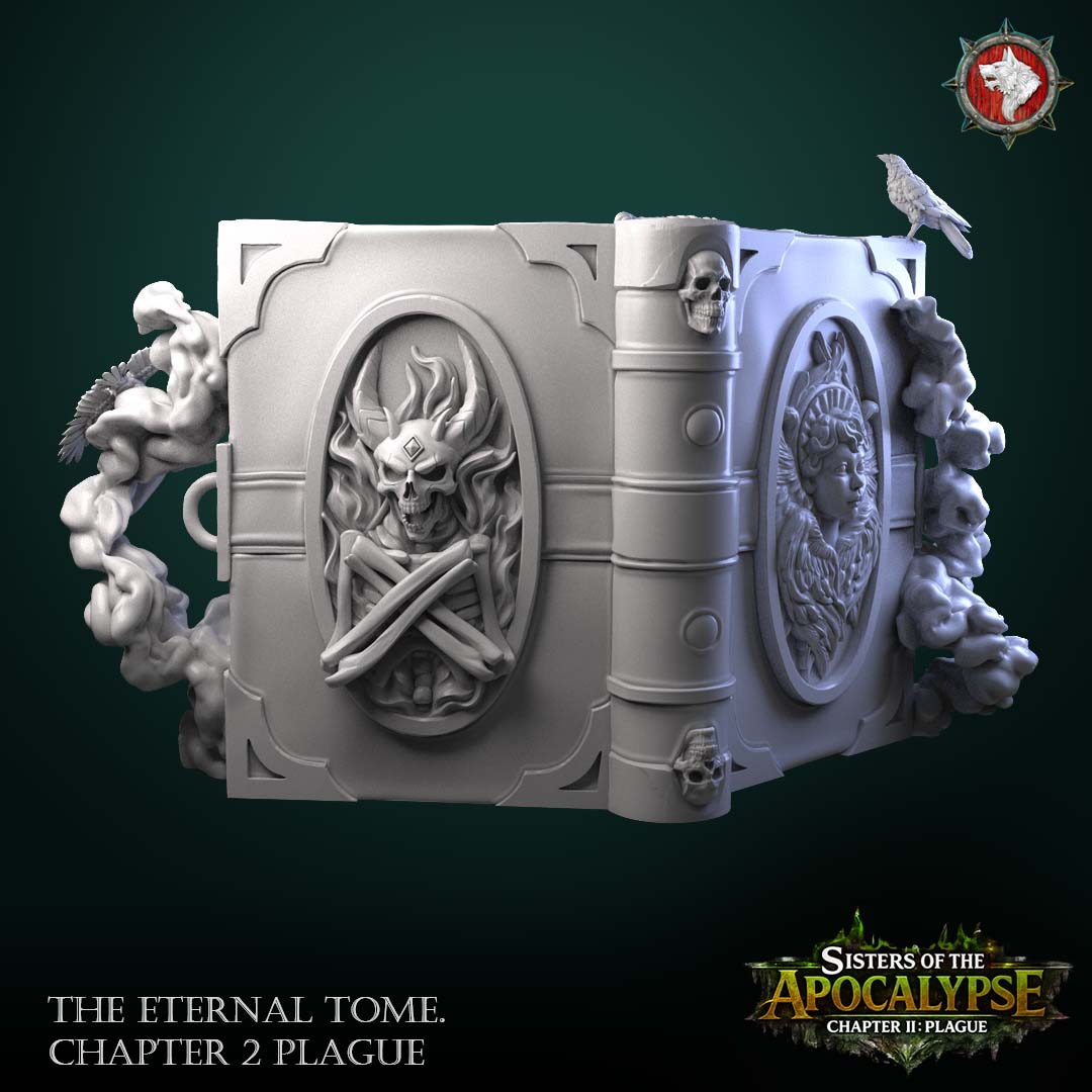 The Eternal Tome: Plague closed rear view showing the skull-and-bones cover relief, spine skulls and winged woman medallion