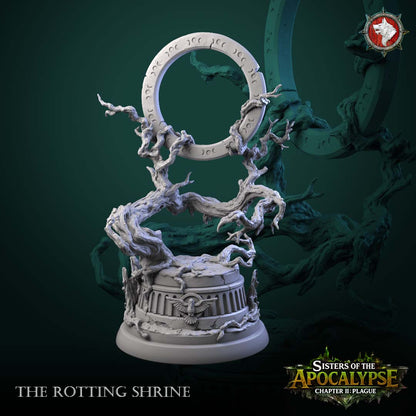 The Rotting Shrine terrain piece - crescent-marked stone ring held by five twisted dead branches above a carved drum dais with a raven relief