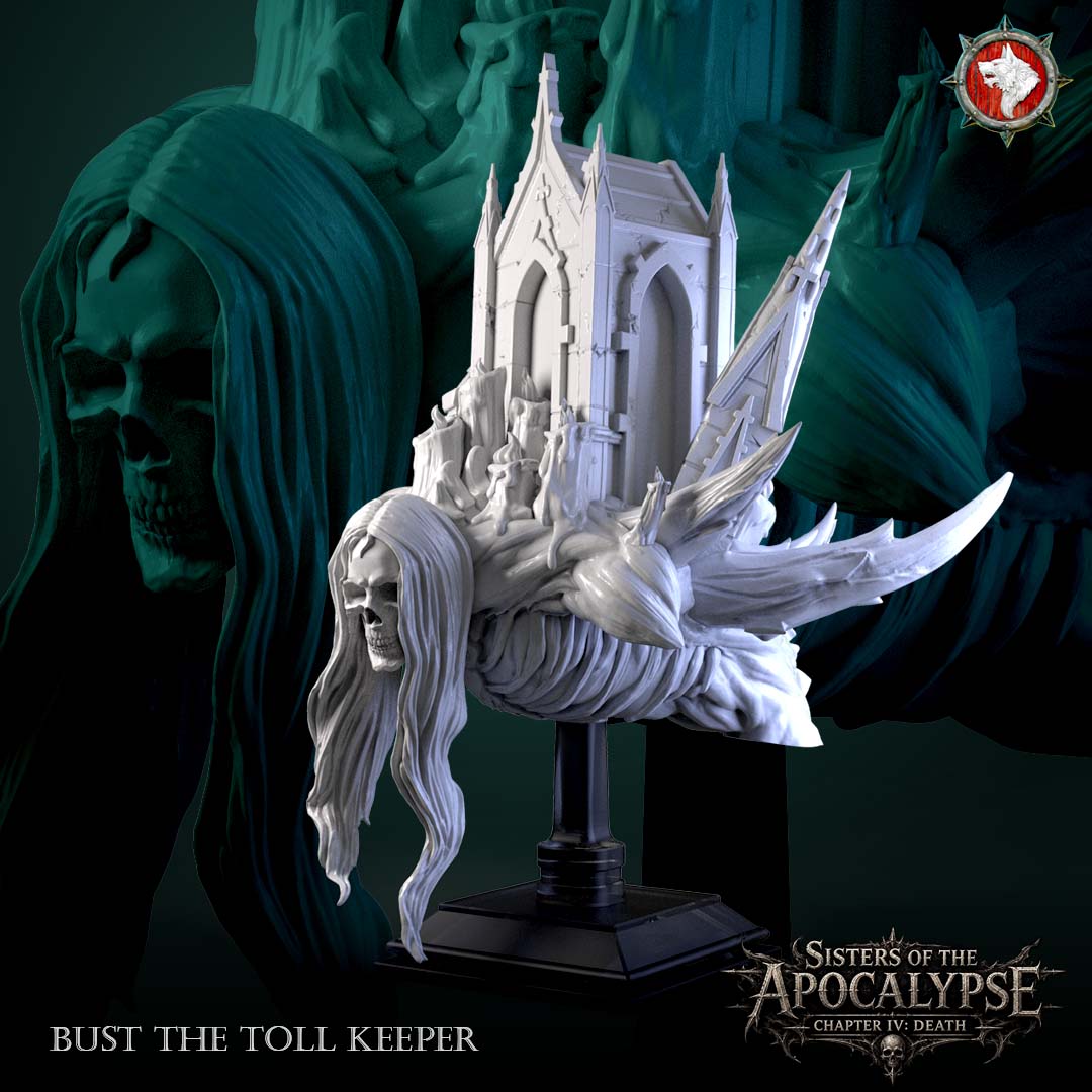The Toll Keeper bust front view - long-haired skull-faced figure carrying a cracked gothic mausoleum with melted candles, flanked by bone shards, on a black display stand
