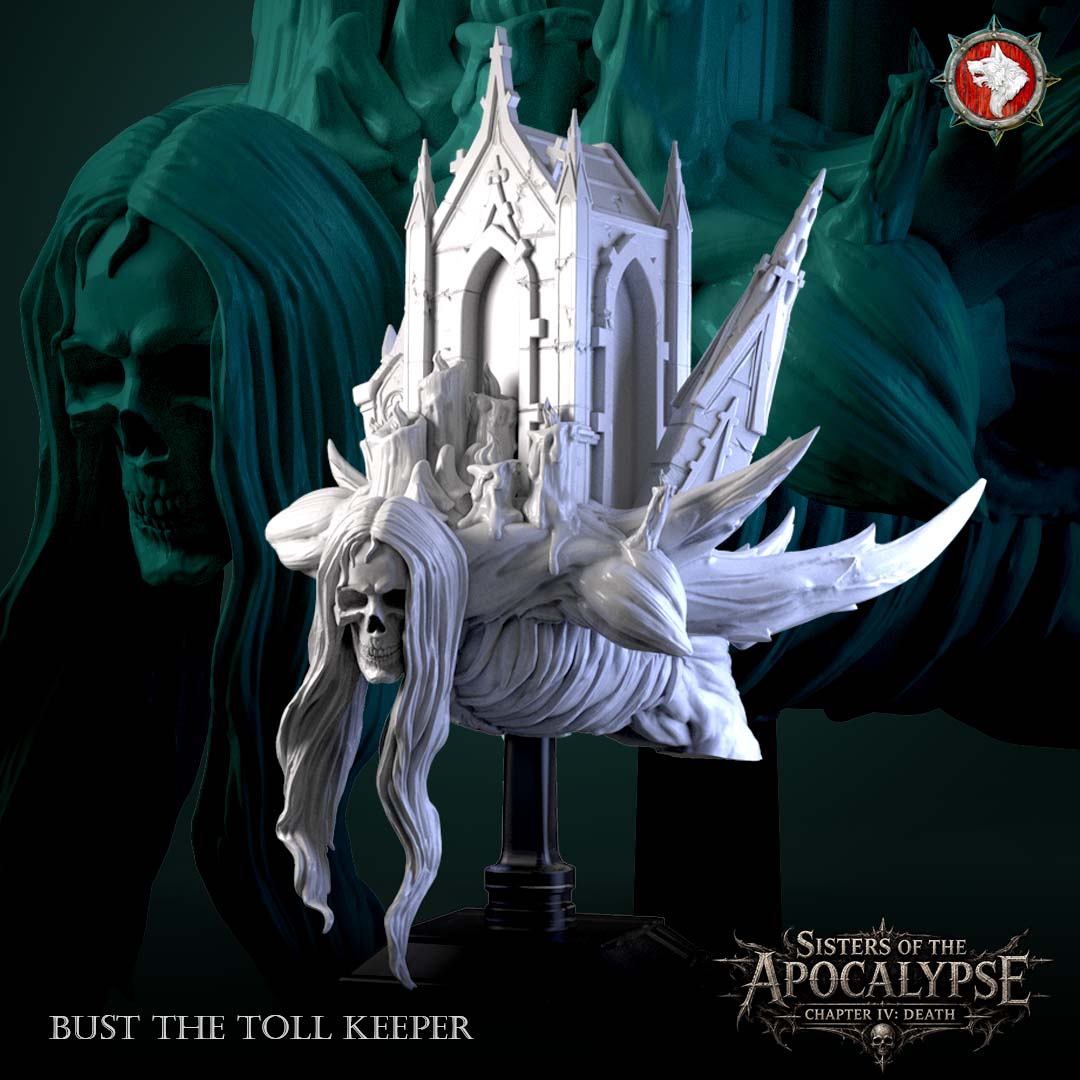 The Toll Keeper bust angled view showing the mausoleum arches, candle stubs and the spread of bone shards