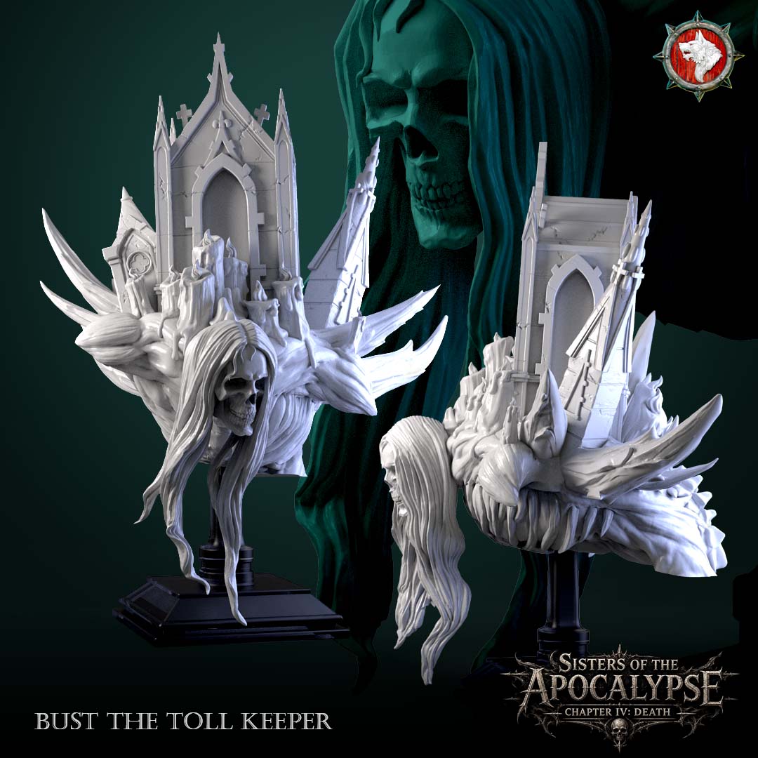 The Toll Keeper bust front and rear pair showing the mausoleum roof, crosses and the hair falling past the shoulders