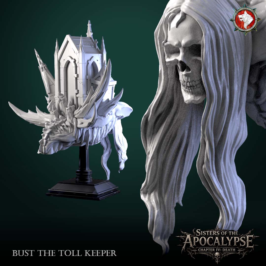 The Toll Keeper bust rear three-quarter view with a close-up of the skull face and hooded hair