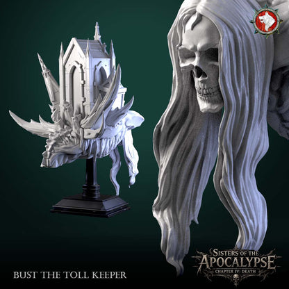 The Toll Keeper bust rear three-quarter view with a close-up of the skull face and hooded hair