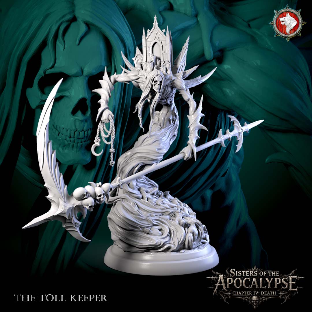 The Toll Keeper - skull-faced wraith carrying a gothic mausoleum, holding a bone scythe and a barbed spear, over a scenic base of drowned souls