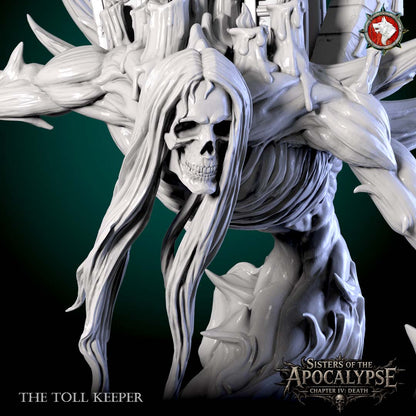 The Toll Keeper angled view showing the mausoleum on his back and the sweep of the scythe blade