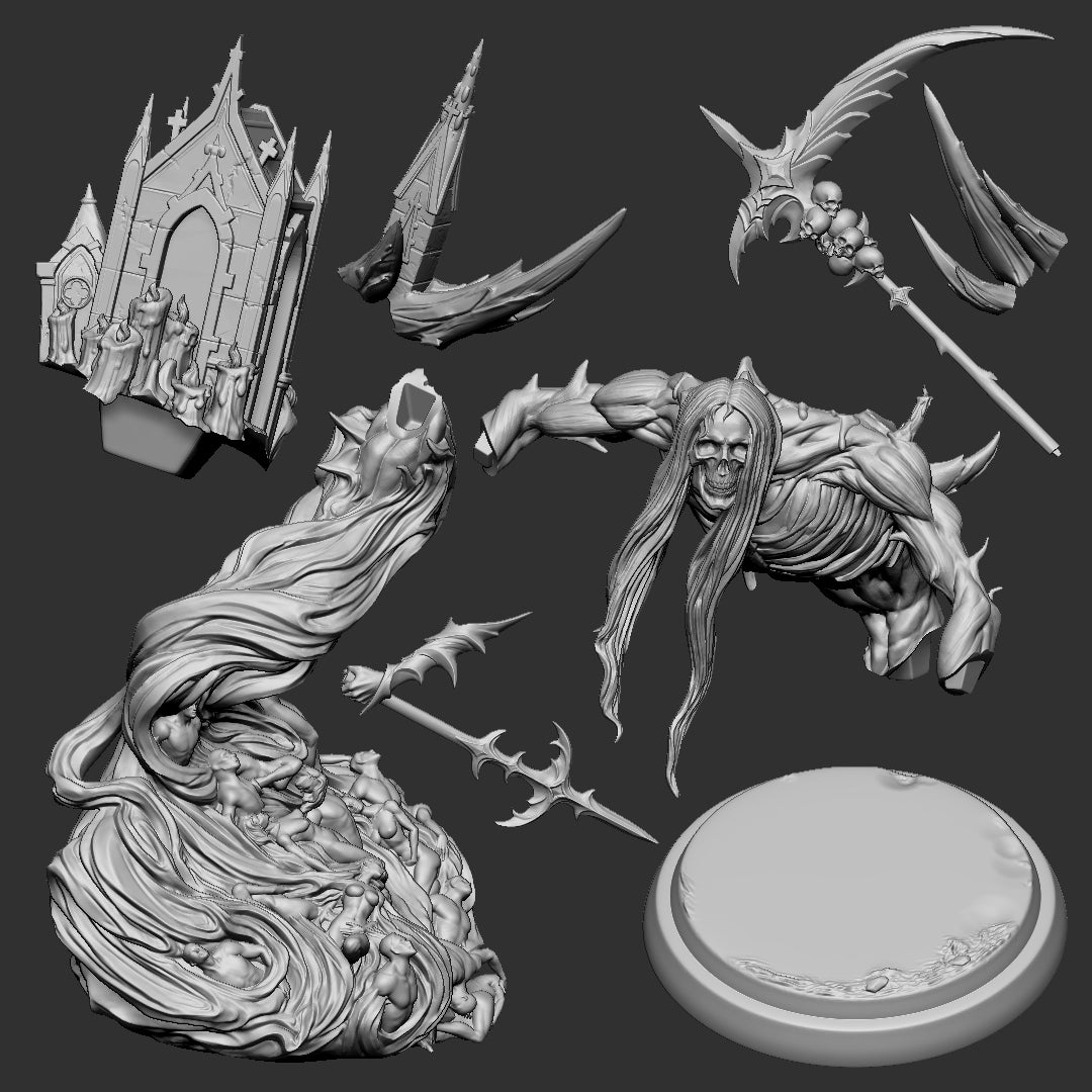 The Toll Keeper - printed parts sheet: body, lower body, two arms, mausoleum, two spike clusters, scythe-spear and scenic base