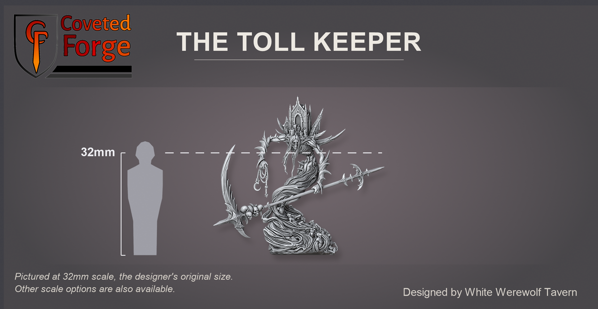 The Toll Keeper beside a 32mm human silhouette for scale - about 54 mm tall at 32mm, the original scale, with a 28mm downscale also available