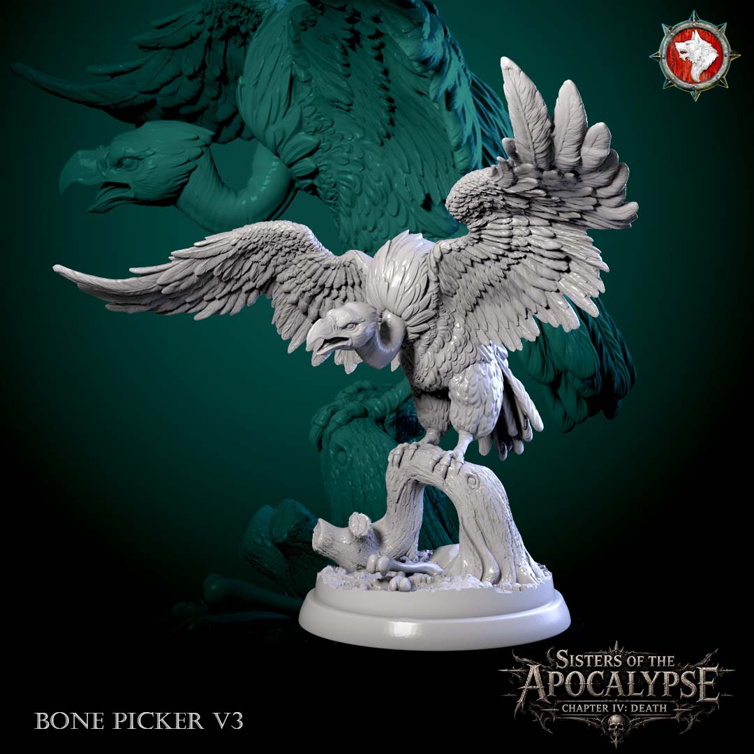 Bone Picker 3 - carrion bird dropping onto a dead stump with wings raised and crest feathers up