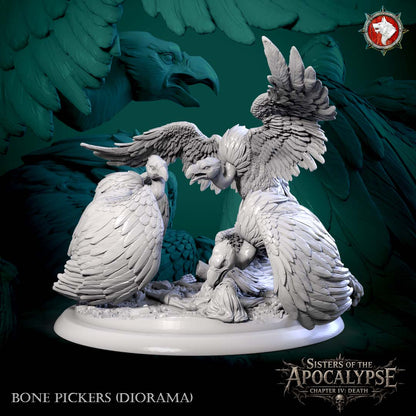 All Three on One 50 mm Round - the three Bone Pickers gathered over a single carcass