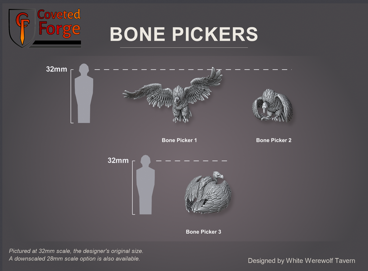 Labelled lineup beside a 32mm human silhouette for scale, eye-level front view: Bone Picker 1, Bone Picker 2 and Bone Picker 3 at 32mm, the original scale, with a 28mm downscale also available