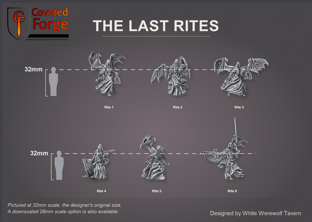 Labelled lineup beside a 32mm human silhouette for scale, three-quarter view: Rite 1, Rite 2, Rite 3, Rite 4, Rite 5 and Rite 6 at 32mm, the original scale, with a 28mm downscale also available