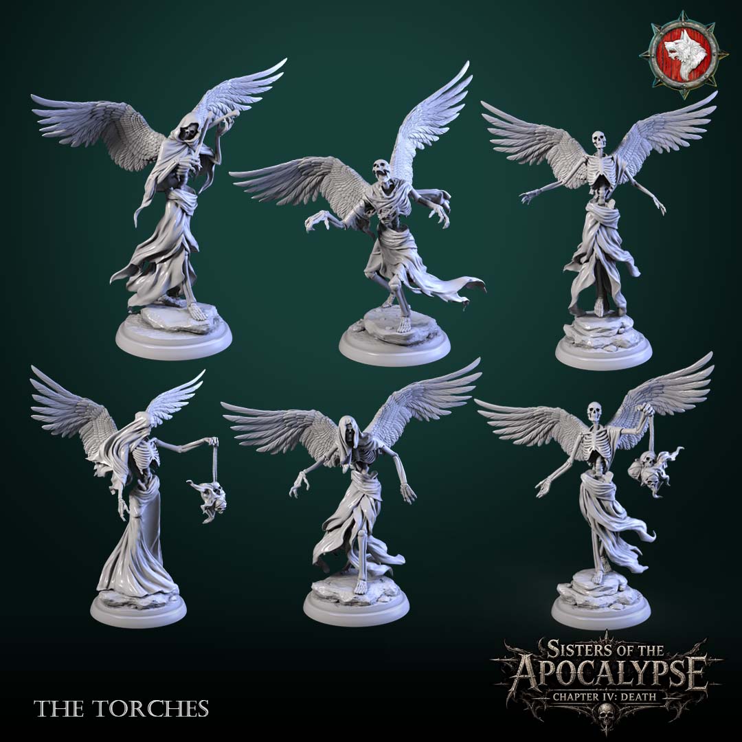 The Torches - all six feather-winged skeletal spirits in shrouds, several carrying swinging soul-lanterns