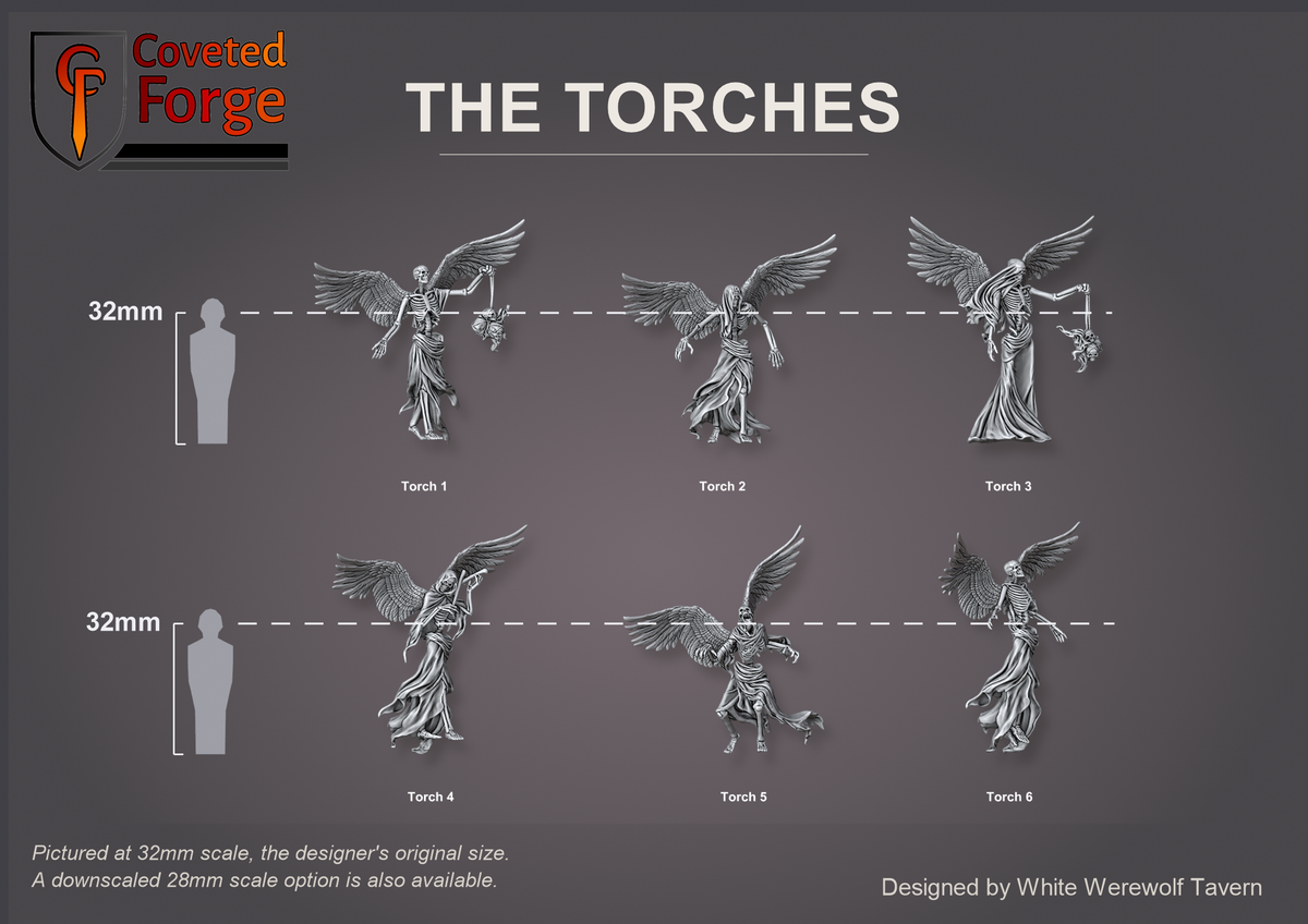 Labelled lineup beside a 32mm human silhouette for scale, three-quarter view: Torch 1, Torch 2, Torch 3, Torch 4, Torch 5 and Torch 6 at 32mm, the original scale, with a 28mm downscale also available
