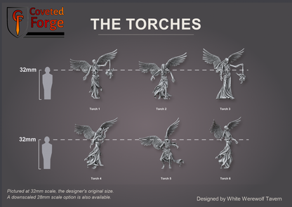 Labelled lineup beside a 32mm human silhouette for scale, three-quarter view: Torch 1, Torch 2, Torch 3, Torch 4, Torch 5 and Torch 6 at 32mm, the original scale, with a 28mm downscale also available