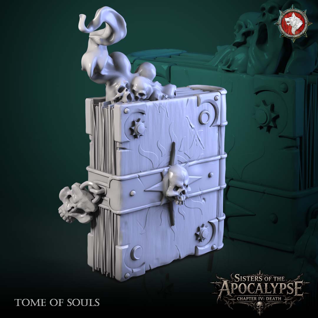 Tome of Souls - iron-banded grimoire with a spiked skull seal, a skull chained to the clasp and three wailing souls rising from the pages