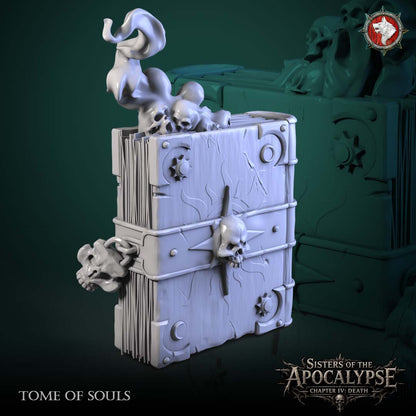 Tome of Souls - iron-banded grimoire with a spiked skull seal, a skull chained to the clasp and three wailing souls rising from the pages