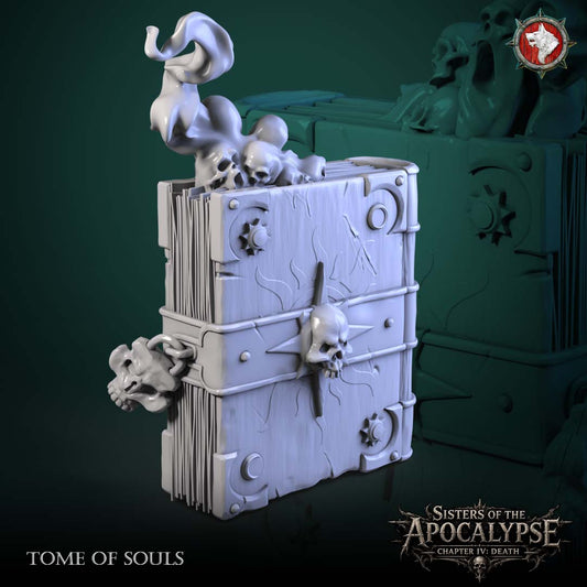 Tome of Souls - iron-banded grimoire with a spiked skull seal, a skull chained to the clasp and three wailing souls rising from the pages