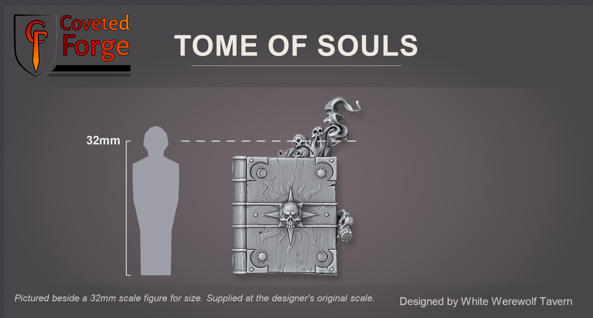 Tome of Souls shown beside a 32mm scale figure for size, 43 mm tall as supplied