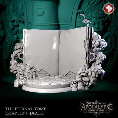 The Eternal Tome: Death, a giant open grimoire on cobbled groundwork with smoke banks and a skeletal bird, 3D printed resin terrain by White Werewolf Tavern.