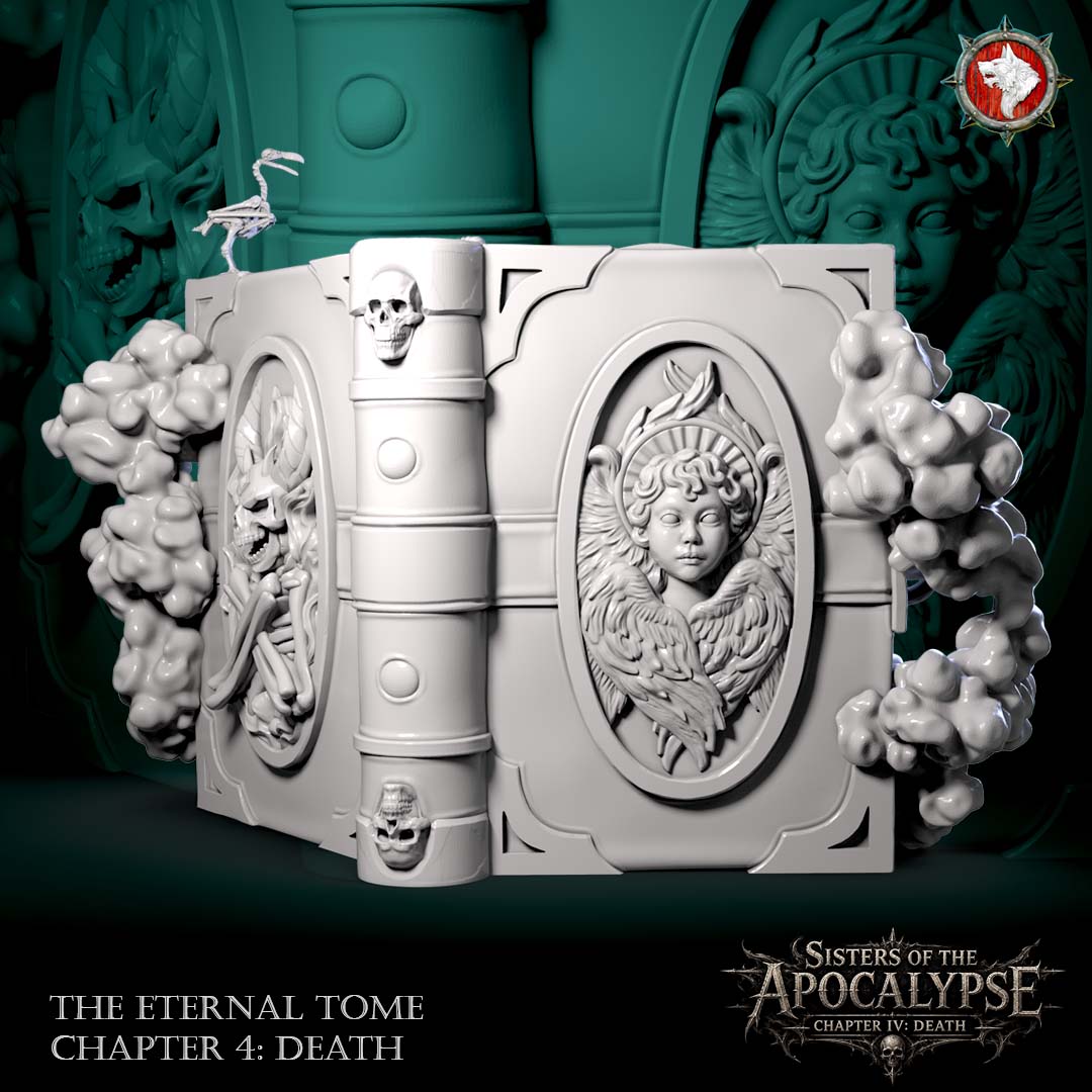 The Eternal Tome: Death closed, showing the flaming skull-and-bones crest and the winged cherub cover with skull-topped clasps.