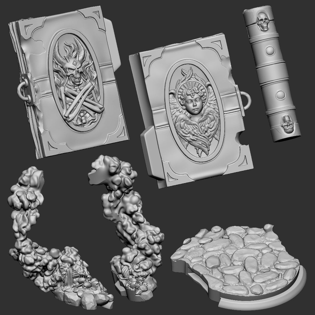 The Eternal Tome: Death printed parts, the same set at either size: two ornate covers, the clasped spine, two smoke banks and the cobbled base.