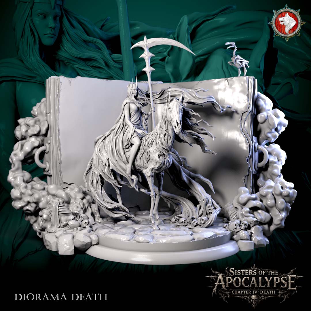 Death and the Eternal Tome diorama, full assembled display: the crowned rider with a scythe standard on a skeletal horse before the open Eternal Tome, grey resin render by White Werewolf Tavern.