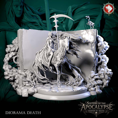 Death and the Eternal Tome diorama, full assembled display: the crowned rider with a scythe standard on a skeletal horse before the open Eternal Tome, grey resin render by White Werewolf Tavern.