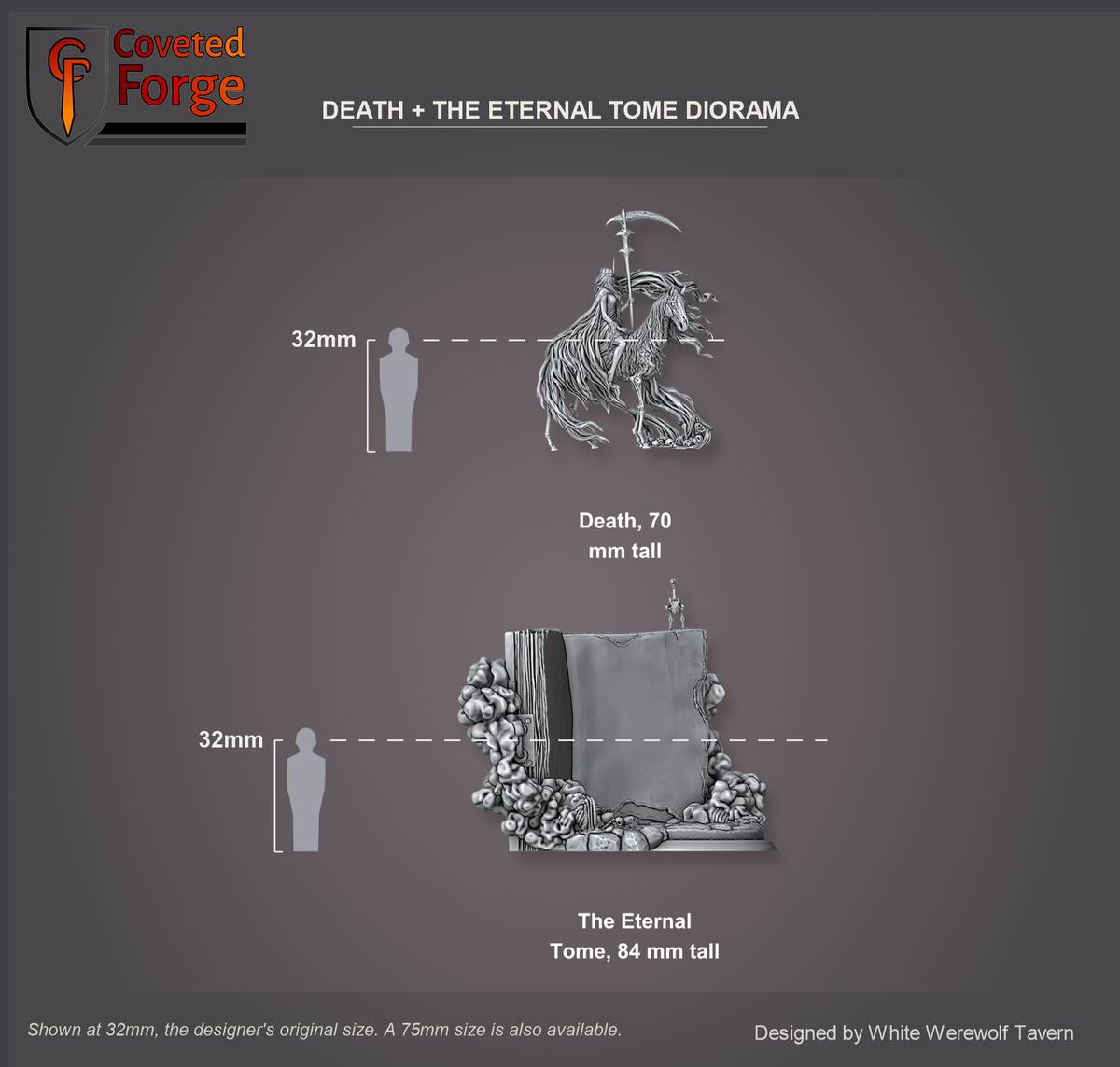 Coveted Forge scale reference: the Death and the Eternal Tome diorama at 32mm, the mounted Death figure at 70 mm and the open Tome at 84 mm shown as separate prints beside a 32mm human silhouette; a larger 75mm size is also offered.
