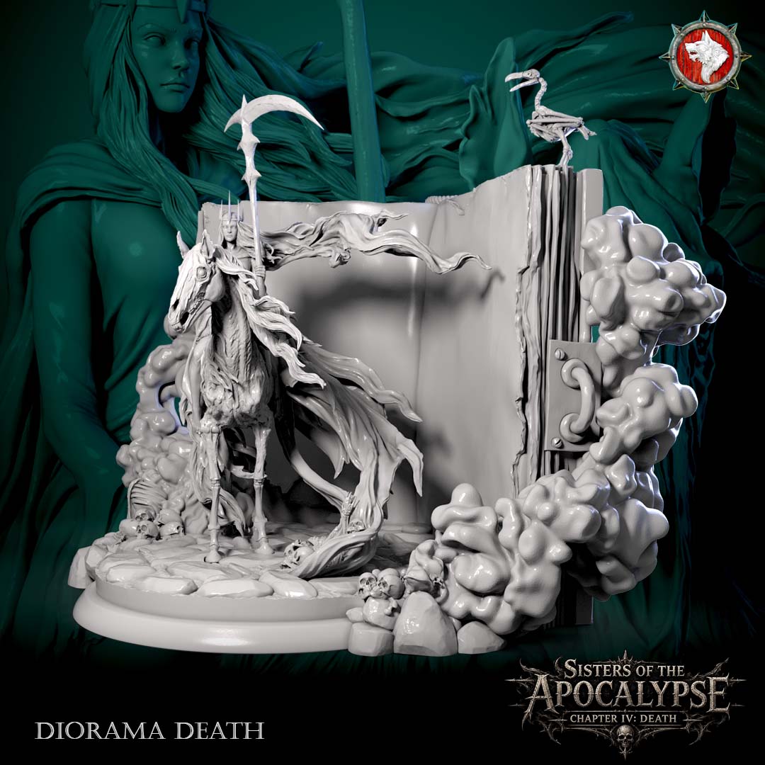 Three-quarter view of the Death diorama, the rider and skeletal horse beside the open pages of the Eternal Tome.