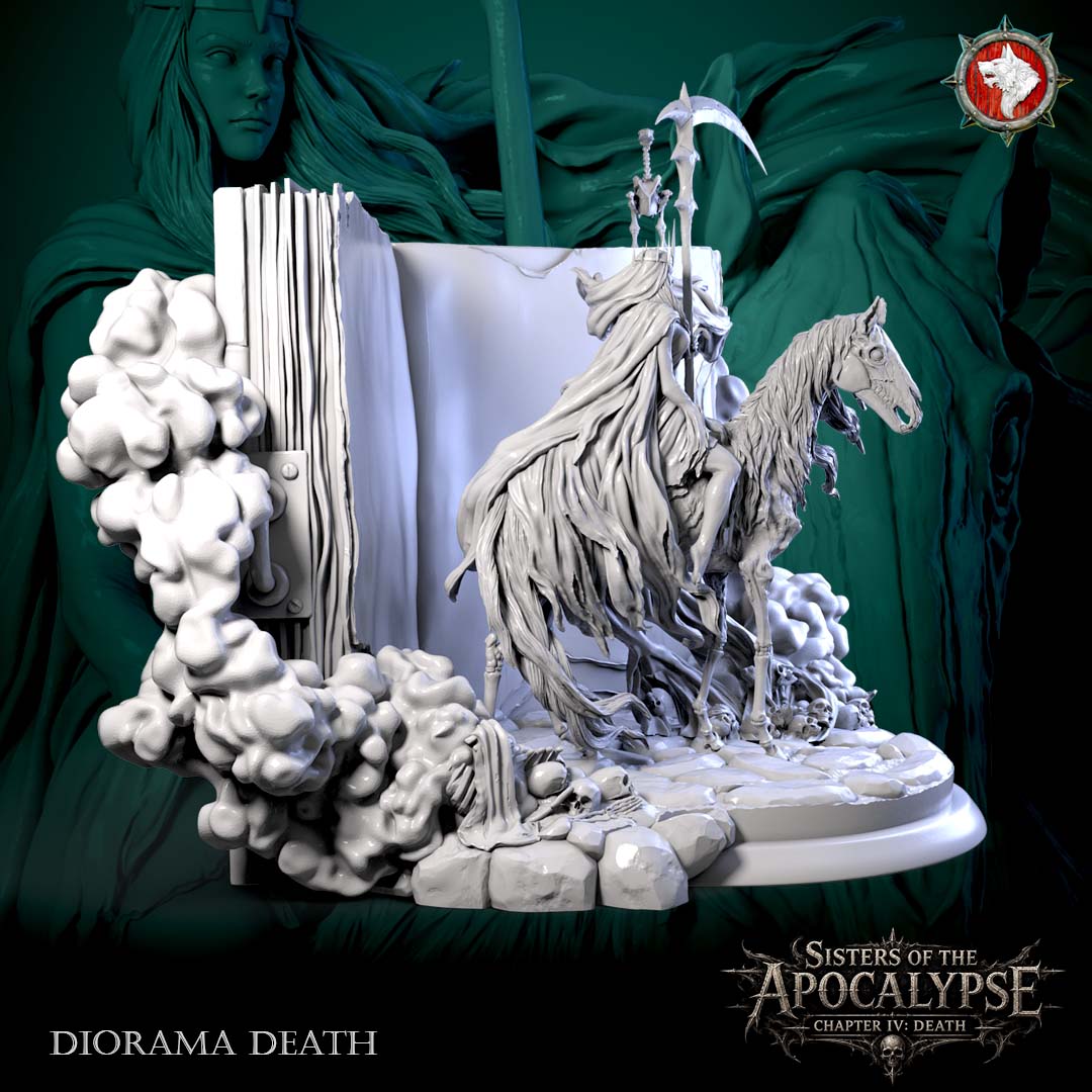 Side view of the Death diorama showing the horse, the shroud work and the smoke banks along the Tome.