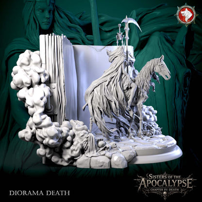 Side view of the Death diorama showing the horse, the shroud work and the smoke banks along the Tome.