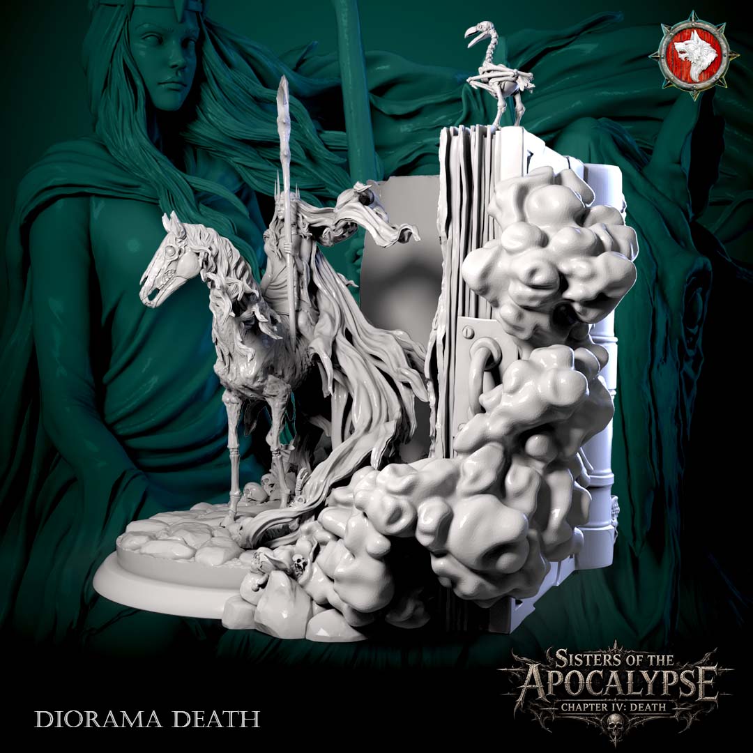 Rear three-quarter view of the Death diorama with the page edges, clasp and skeletal bird.