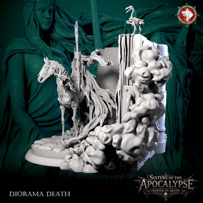 Rear three-quarter view of the Death diorama with the page edges, clasp and skeletal bird.